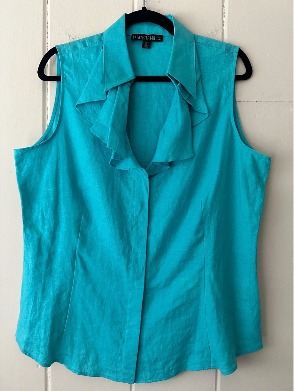 Lafayette 148 New York 100% Linen Ruffle Collar Sleeveless Blouse Turquoise 14